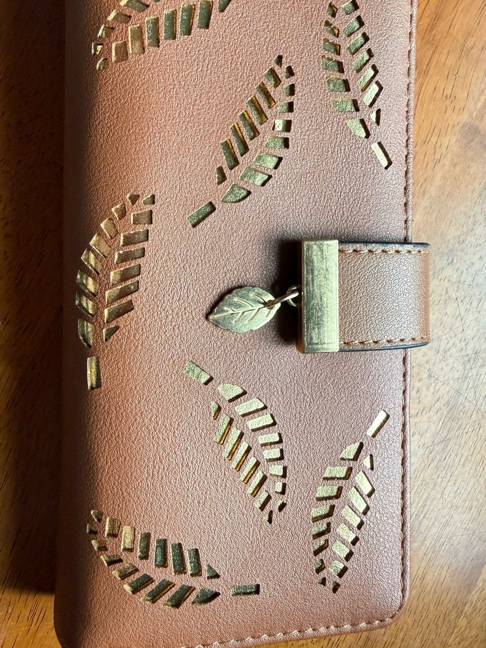 Brown Leaf-Accent Women's Wallet with Gold Trim